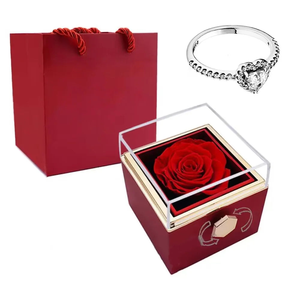 New Simple Luxury  Ring Eternal Real Rose box Exquisite Women Shiny Heart Series Ring Mother's Day  Gift for Lovers