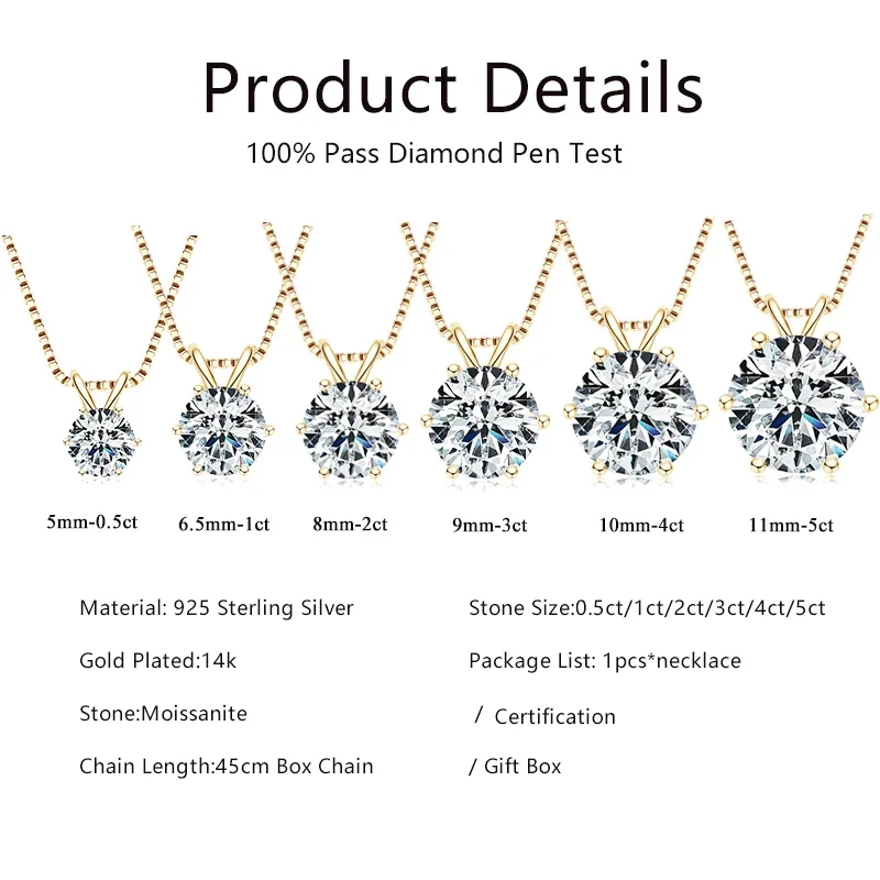 Lnngy 0.5ct-5ct Moissanite Pendant Necklace With Certificate For Women Original Real 925 Silver Chain Solitaire Drop Necklaces